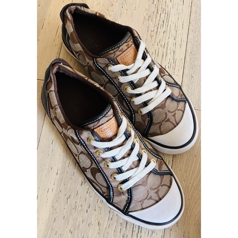 Coach Women’s Barrett Sneakers Brown Signature Canvas Monogram Logo Lace Up 7.5B